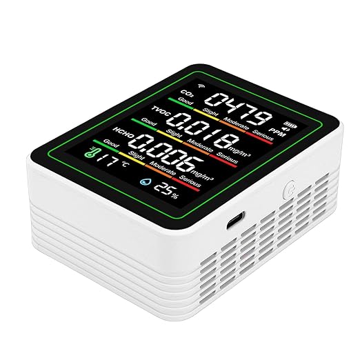 Jeffergarden Air Quality Meter, 5 in 1 WiFi CO2 TVOC HCHO Temperature Humidity Detector with APP Control for Smart Home, Indoor Portable Air Quality Monitor