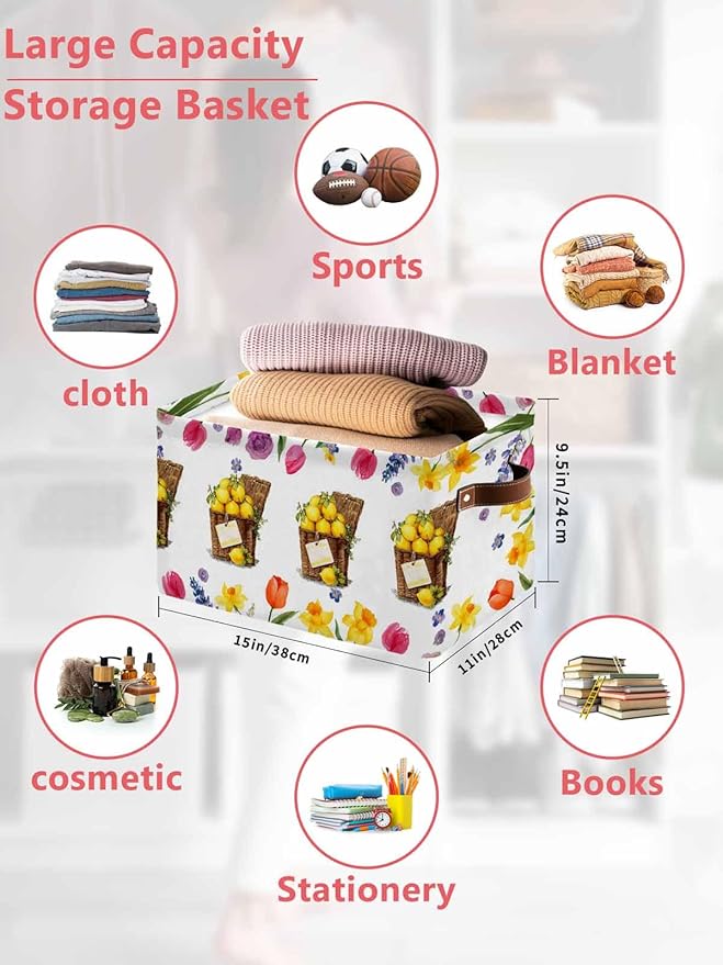 Spring Floral Storage Bins Cubes Waterproof Cloth Storage Basket, Watercolor Lemons in Basket Garden Flowers Foldable Storage Bags for Shelf Closet Clothes Organizers with Handles 15x11x9.5 in 2PCS