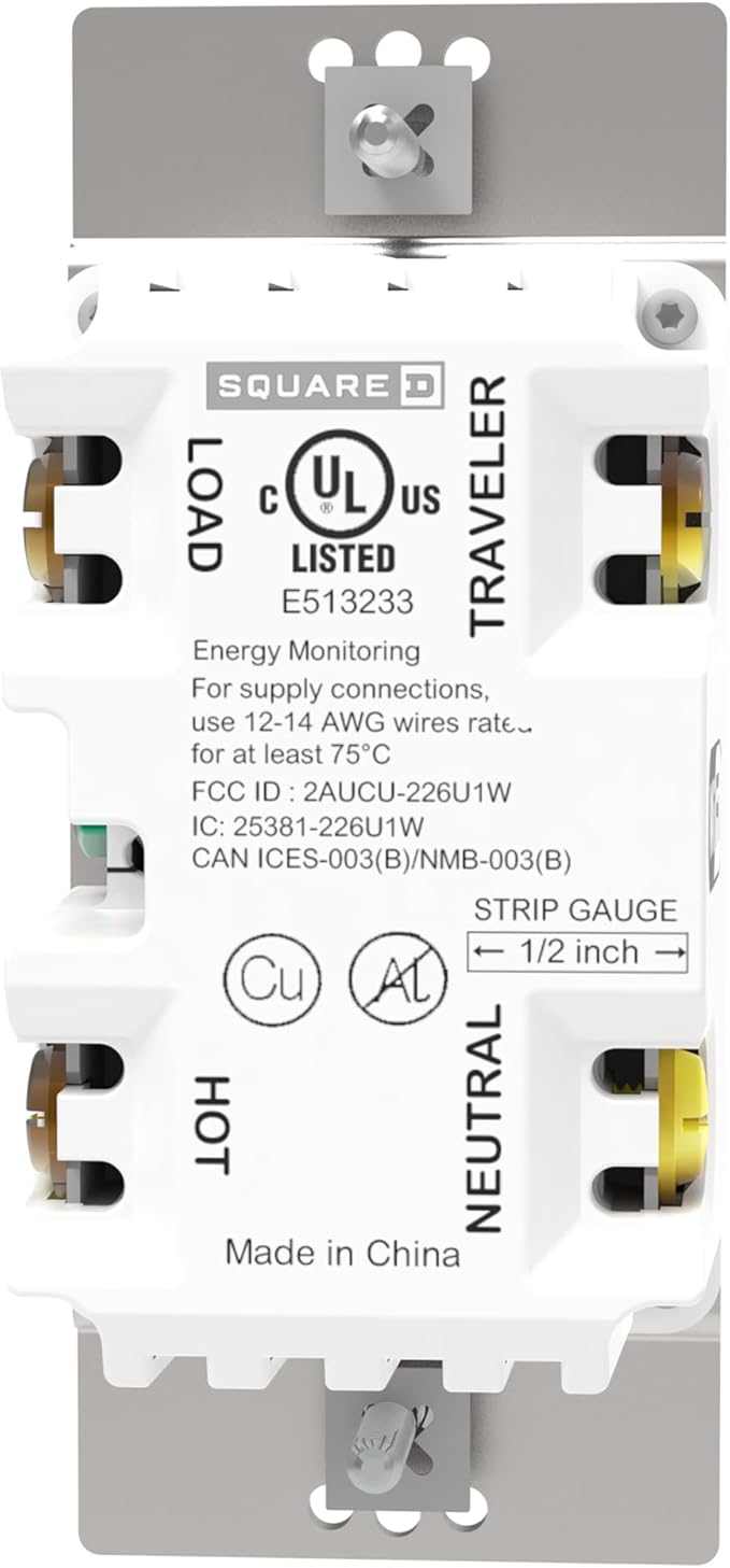 Square D by Schneider Electric X Series 15 Amp WiFi Energy Monitoring Light Switch, Single-Pole/3-way, 600 Watt, Rocker, Matter Certified, Works with Alexa, Google Home, Apple Home, Matte Grey