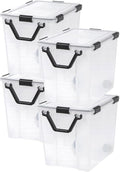 IRIS USA WeatherPro 103 Qt Storage Bins with Lids, 4 Pack, BPA-Free Plastic Gasket Box with Tight Latch and Seal, Stackable Nestable Tote Tub - Clear/Black