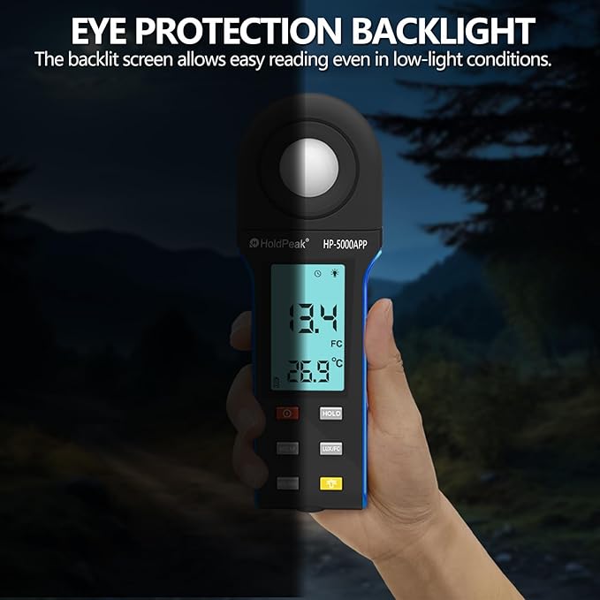 HoldPeak Illuminance Light Meter with Bluetooth, Digital Lux Foot Candles Meter 0.1~400,000 Lux with 270º Rotating Sensor, Lumen Meter Luxmeter for Plants, Car Headlights, Home & Office LEDs