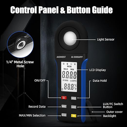 Light Lux Meter with Bluetooth, AIOMEST Digital Lumen Tester 0.1 Lux, 1-400,000 Lux/FC Range, 270° Rotated Sensor, Luxometer for Indoor Plant, Photography, Aquarium