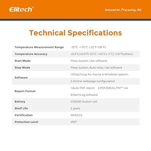 Elitech WHO PQS Certificated 100 Pack 120 Days Temperature Humidity Data Logger with Light Sensor Single-Use Cold Chain Monitor (CCM) Temperature Recorder with PDF Report 16000 Points LogEt1-TH