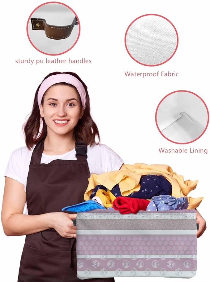 Farm Fruits Storage Bins Cubes Waterproof Cloth Storage Basket,Watermelon Lemons Peach Pink Grey Striped Foldable Storage Bags for Shelf Clothes Storages Organizers with Handles 15x11x9.5 in 1PCS