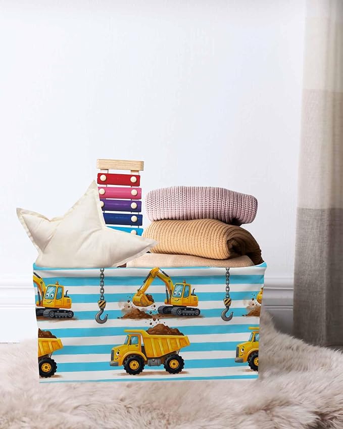 Yellow Truck Storage Bins Cubes Waterproof Cloth Storage Basket, Cartoon Blue Striped Farmhouse Modern Art Foldable Storage Bags for Shelf Closet Clothes Organizers with Handles 15x11x9.5 in 2PCS