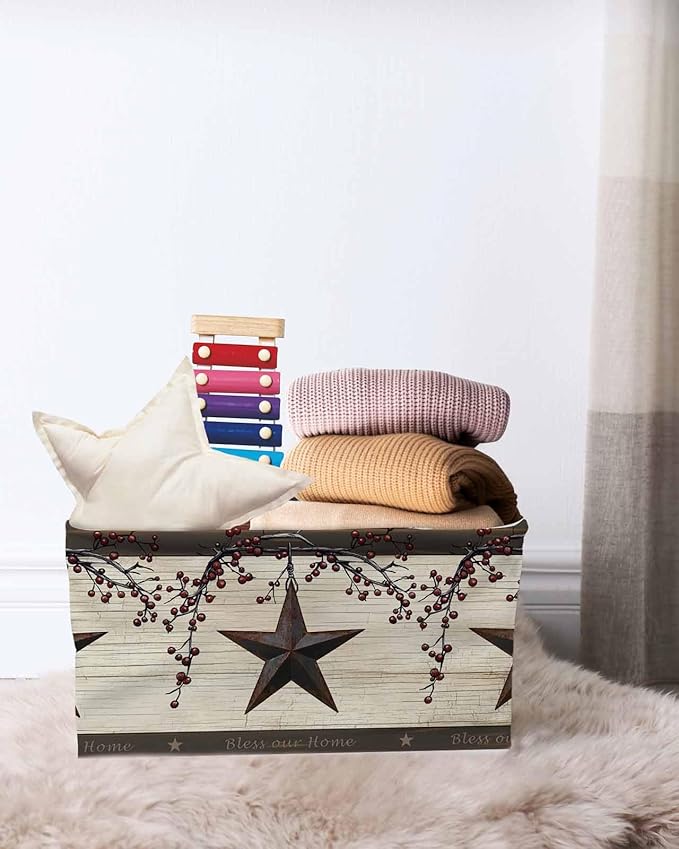 Texas Star Brown Storage Bins Cubes Waterproof Cloth Storage Basket, Farmhouse Berry Wooden Vintage Foldable Storage Bags for Shelf Closet Clothes Storages Organizers with Handles 15x11x9.5 in 2PCS