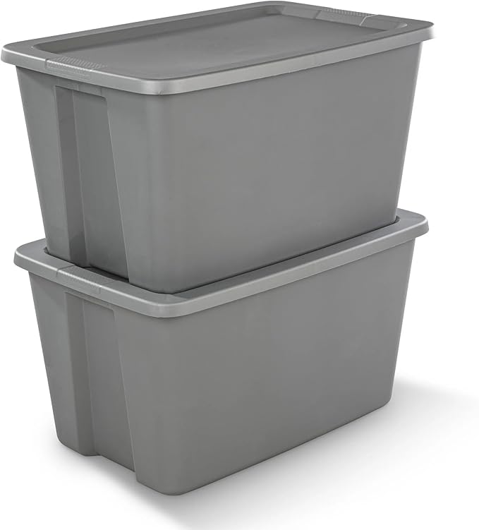 (2 Pack) Extra Large 30 Gallon Storage Bin with Locking Snap-On Lid, Plastic Storage Container, Gray