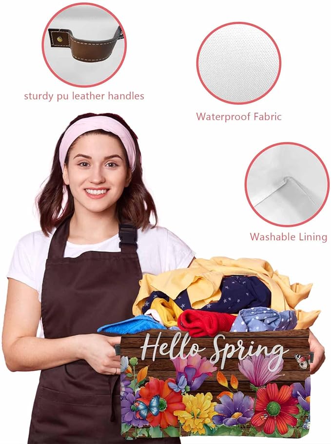 Spring Flowers Storage Bins Cubes Waterproof Cloth Storage Basket,Watercolor Farmhouse Colorful Wooden Grain Foldable Storage Bags for Shelf Clothes Storages Organizers with Handles 15x11x9.5 in 2PCS