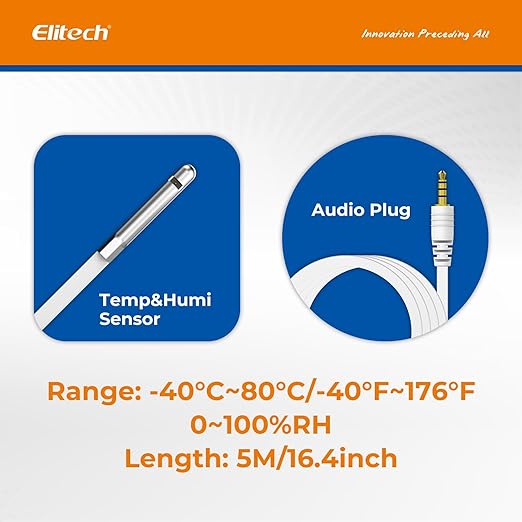 Elitech Temperature and Humidity Probe for RCW-360Pro, -40 to 176°F, 0~100% RH, 16.4ft Cable Auto-Detection Digital Sensor with Calibration Certificate for Medical Pharma Validation, HTD3X-THE-R-5M