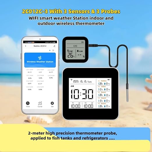 2CO12C-3, Smart WiFi APP Weather Station & 3 Probes 3 Sensors Indoor & Outdoor Wireless Thermometer,for Cold Storage, Cold Cabinet, Refrigerator, Fish Tank, Wine Cellar, breeding Farm, Greenhouse