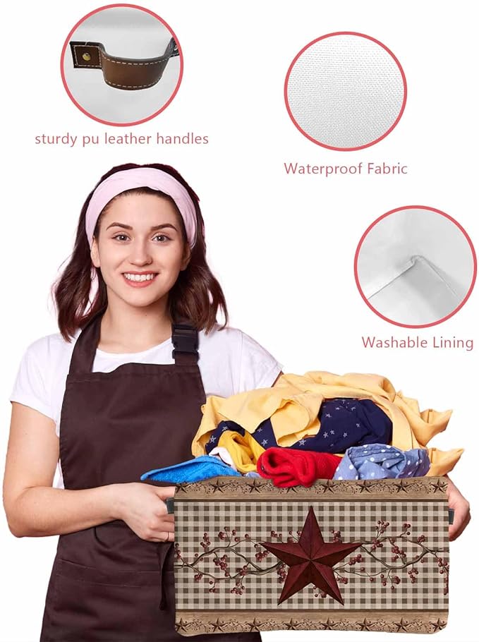 Texas Star Vintage Storage Bins Cubes Waterproof Cloth Storage Basket, Brown Checkered Berry Farmhouse Foldable Storage Bags for Shelf Closet Clothes Storages Organizers with Handles 15x11x9.5 in 2PCS