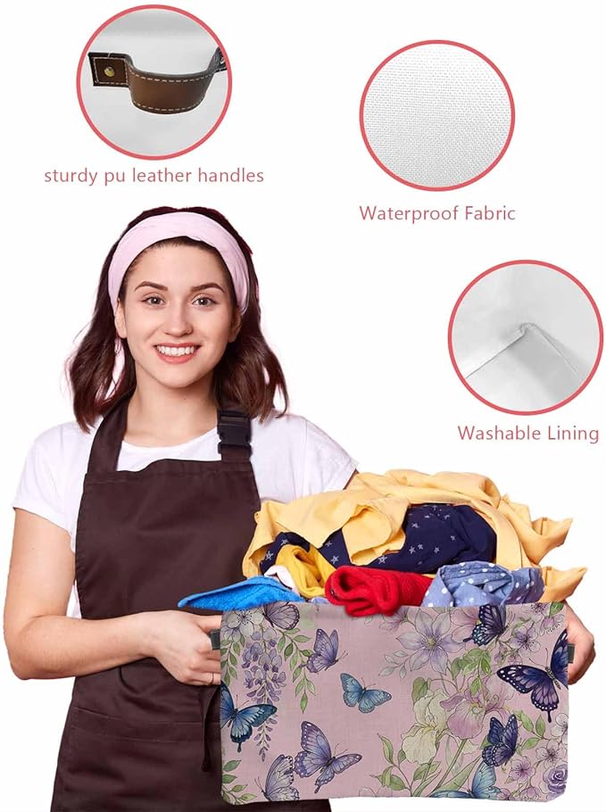 Pink Flowers Storage Bins Cubes Waterproof Cloth Storage Basket,Spring Floral Purple Butterflies Farmhouse Foldable Storage Bags for Shelf Clothes Storages Organizers with Handles 15x11x9.5 in 2PCS