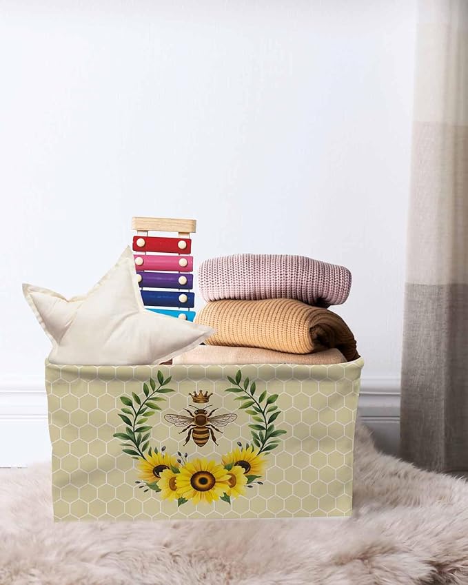 Bees Storage Bins Cubes Waterproof Cloth Storage Basket,Sunflowers Summer Watercolor Floral Leaf Palnt Honey Foldable Storage Bags for Shelf Clothes Storages Organizers with Handles 15x11x9.5 in 1PCS