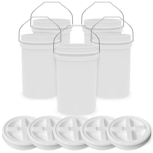 6.5-Gallon White Bucket Pail with Gamma Seal Screw on Airtight Lid, Heavy-Duty 90MIL Extra Durable, Food Grade, Metal Handles with Plastic Grip for Easy Carrying, Easy Stack & Store, BPA Free - 5 Pack