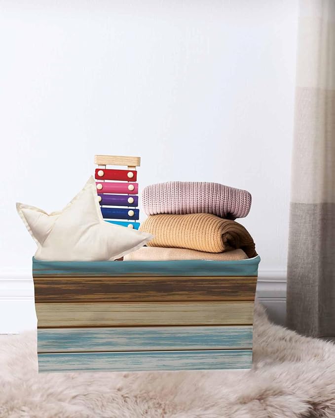 Blue Brown Storage Bins Cubes Waterproof Cloth Storage Basket, Farmhouse Rustic Wooden Plank Board Foldable Storage Bags for Shelf Closet Clothes Storage Organizers with Handles 15x11x9.5 in 2PCS