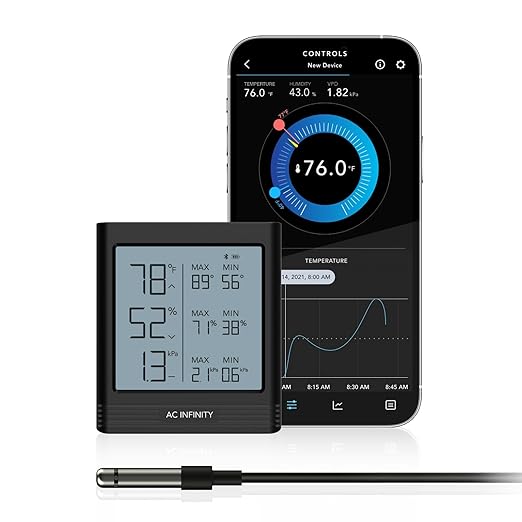 AC Infinity Temperature Humidity VPD Smart Hygrometer B1 with LCD Display & Bluetooth App Monitor, Climate Gauge Thermometer Sensor Probe for Basements, Guitar Rooms, Grow Tents, Greenhouses