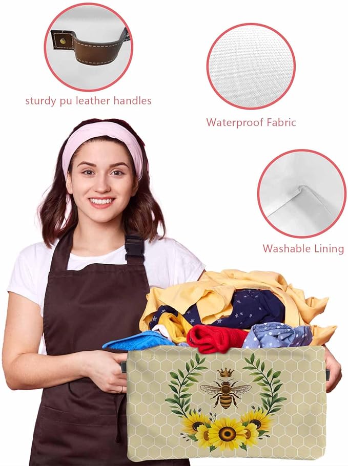 Bees Storage Bins Cubes Waterproof Cloth Storage Basket,Sunflowers Summer Watercolor Floral Leaf Palnt Honey Foldable Storage Bags for Shelf Clothes Storages Organizers with Handles 15x11x9.5 in 2PCS