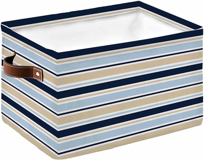Navy Blue Khaki Striped Storage Bins Cubes Waterproof Cloth Storage Basket,Farmhouse Stripes Modern Abstract Art Foldable Storage Bags for Shelf Storages Organizers with Handles 15x11x9.5 in 1PCS