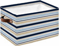 Navy Blue Khaki Striped Storage Bins Cubes Waterproof Cloth Storage Basket,Farmhouse Stripes Modern Abstract Art Foldable Storage Bags for Shelf Storages Organizers with Handles 15x11x9.5 in 1PCS