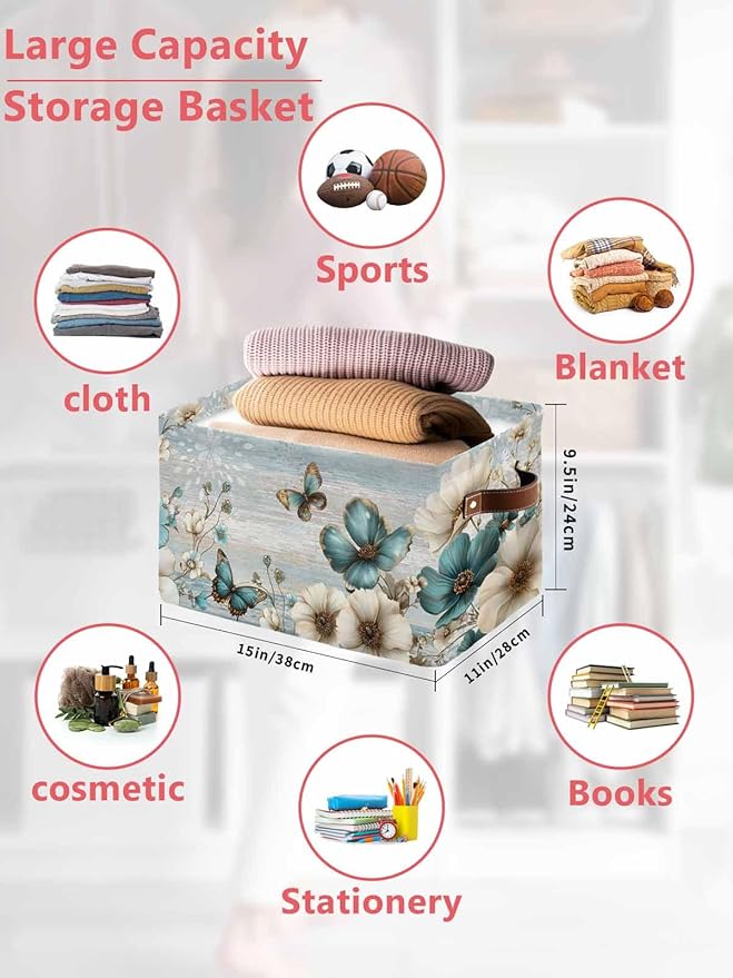 Teal Tulip Butterfly Storage Bins Cubes Waterproof Cloth Storage Basket,Beige Turquoise Floral Farmhouse Blue Foldable Storage Bags for Shelf Clothes Storages Organizers with Handles 15x11x9.5 in 1PCS