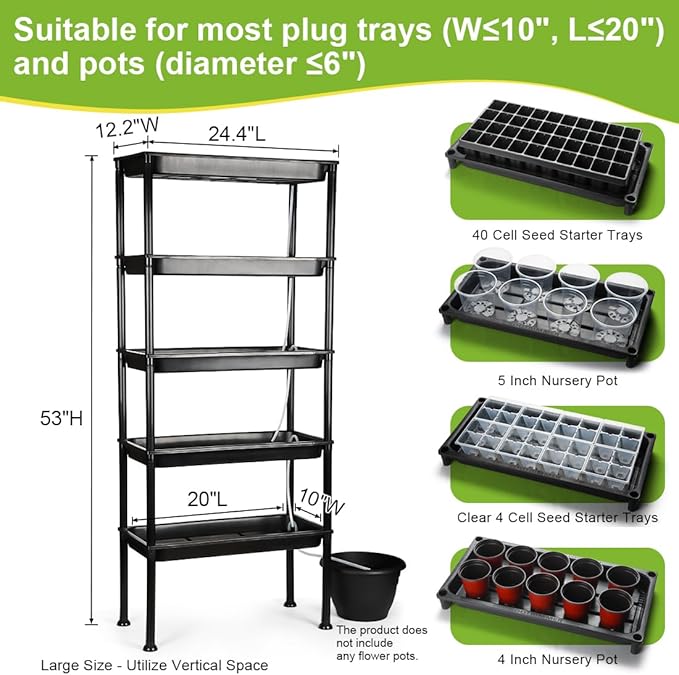 RooTrimmer 5-Tier Hydroponics Growing System, Plant Stand, Ebb and Flow Seedbeds, Siphoning Circulation Watering for Indoor/Greenhouse, Designed for Seed Starter Nursery Cell Trays, Plant Pots