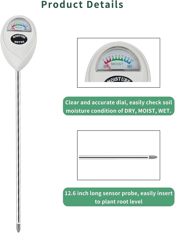 Censinda Soil Moisture Meter, 2 Pack Long Probe Soil Moisture Monitor for House Plants, Soil Hygrometer Moisture Sensor for Indoor & Outdoor, Garden, Farm, Lawn Plant Care, No Battery Needed(White)