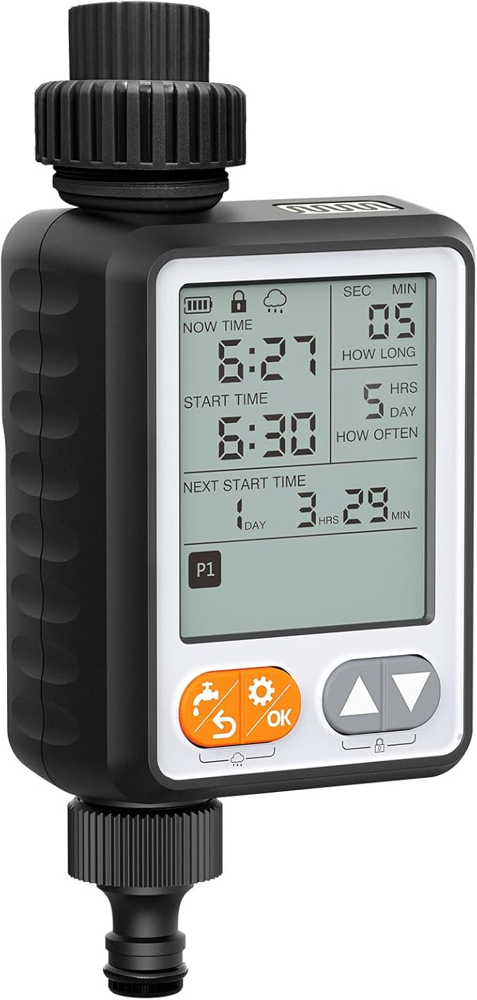 Water Timer for Garden Hose, 10 Programmable Sprinkler Timer with with Auto Rain Delay, IP54 Waterproof 3.3“ Large LCD Drip Irrigation System Timers for Plant, Yard, Lawns, Outdoor