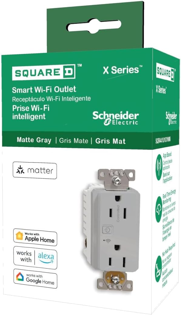 Square D by Schneider Electric X Series 15A 125V Wi-Fi Energy Monitoring Socket Outlet, Tamper Resistant, Matter Certified, Compatible with Alexa, Google Home, Apple Home, Matte Grey