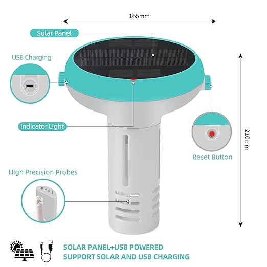Digital Pool Water Tester, 7-in-1 Smart Floating Meter, WiFi Enabled, Tests pH, Chlorine, Salinity, ORP, EC, TDS, Temperature