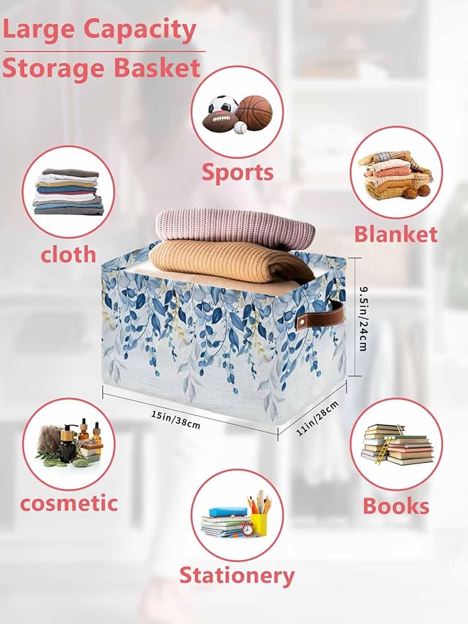 Blue Eucalyptus Leaves Storage Bins Cubes Waterproof Cloth Storage Basket,Watercolor Botanical Weeping Leaf Foldable Storage Bags for Shelf Clothes Storages Organizers with Handles 15x11x9.5 in 1PCS