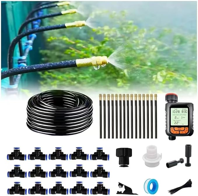 New drip Irrigation kit, Automatic Garden Watering System, Quick Connector and 360-degree Bending Dropper atomizing Copper Nozzle, Garden Plant Lawn Courtyard Watering System. (Timer)