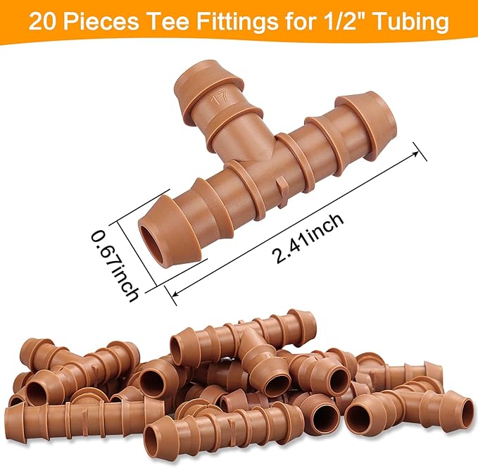 20 Pieces Drip Irrigation Fittings Tee Connectors for 1/2" Tubing, Barbed T 3 Way Connectors for 1/2 Inch Irrigation Tubing(0.600" ID), Drip Line Tees for Drip Sprinkler Garden Lawn Systems