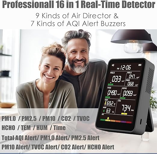 Professional Indoor Air Quality Monitor with AQI Alerts, Portable Real-Time Detector for Home, Car, Plants & Pet
