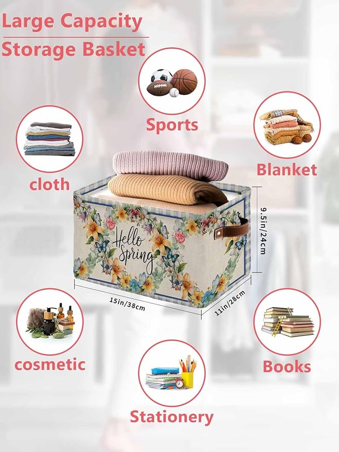 Hello Spring Storage Bins Cubes Waterproof Cloth Storage Basket,Farmhouse Floral Eucalyptus Wood Plaid Burlap Foldable Storage Bags for Shelf Clothes Storages Organizers with Handles 15x11x9.5 in 1PCS