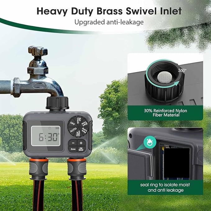 ERICAT 2 Zone Sprinkler Timer Automatic Irrigation Water Timer, Programmable Garden Hose Water-Saving Irrigation Controller with Digital Display and Electronic Lock, Stable Operation, for Yard