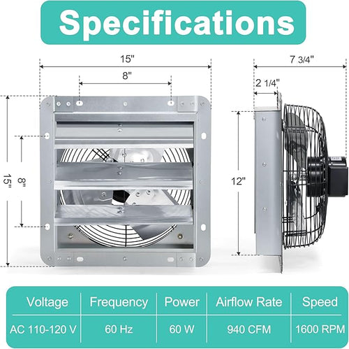 12 Inch Shutter Exhaust Fan, Wall Mount Attic Fan with Thermostat and Speed Controller for Greenhouses, Sheds, Garages, Chicken Coops, Barns Ventilation, 970 CFM