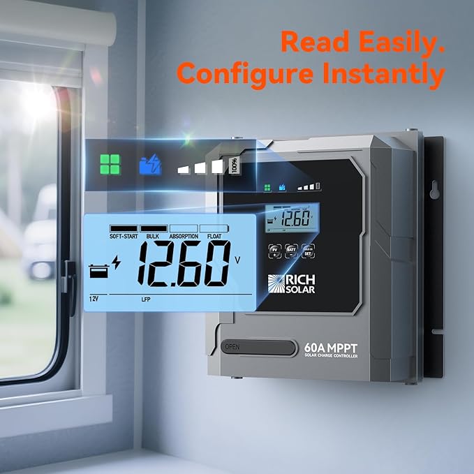 RICH SOLAR Bravo 60 | 60A MPPT Solar Charge Controller with Bluetooth – 12V/24V Auto-Detect, Lithium & Lead-Acid Battery Support for RVs, Campers & Off-Grid Systems