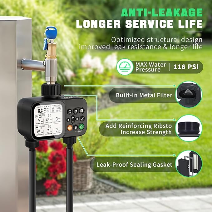 Sprinkler Timer for Garden Hose, 2 Zone Water Timer with with Auto Rain Delay, IP54 Waterproof 3.3“ Large LCD Drip Irrigation System Timers for Plant, Yard, Lawns, Outdoor