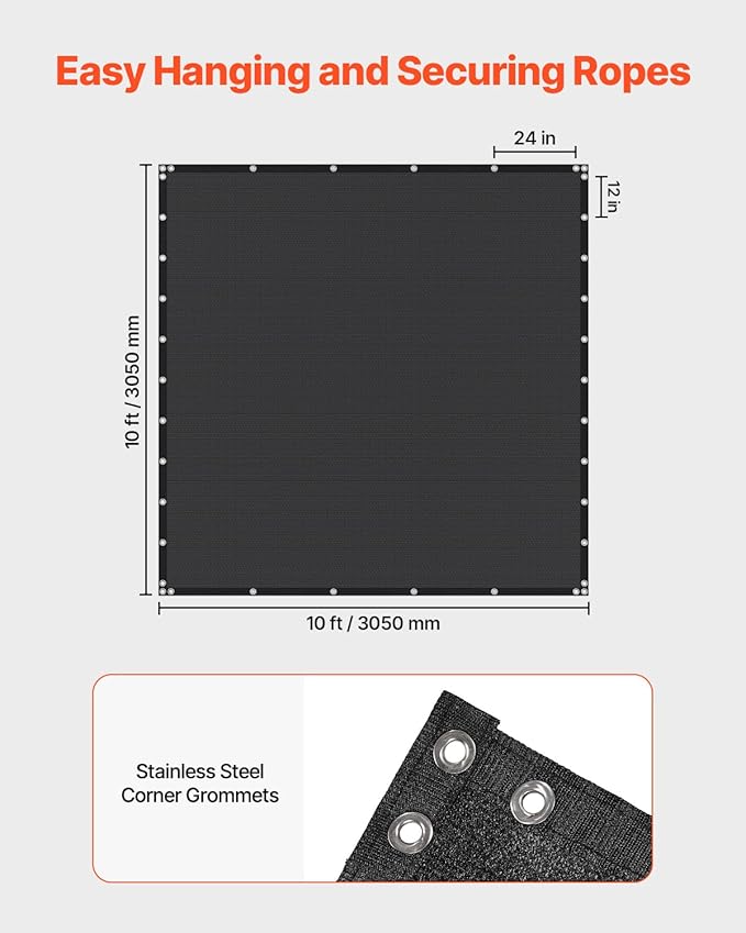 VEVOR 90% Sun Shade Cloth, 10 x 10 ft Pergola Shade Cover with Stainless Steel Grommets, Sun Shades Canopy Privacy Screen with 140 GSM HDPE Material, for Outdoor, Patio, Garden, and Backyard (Black)