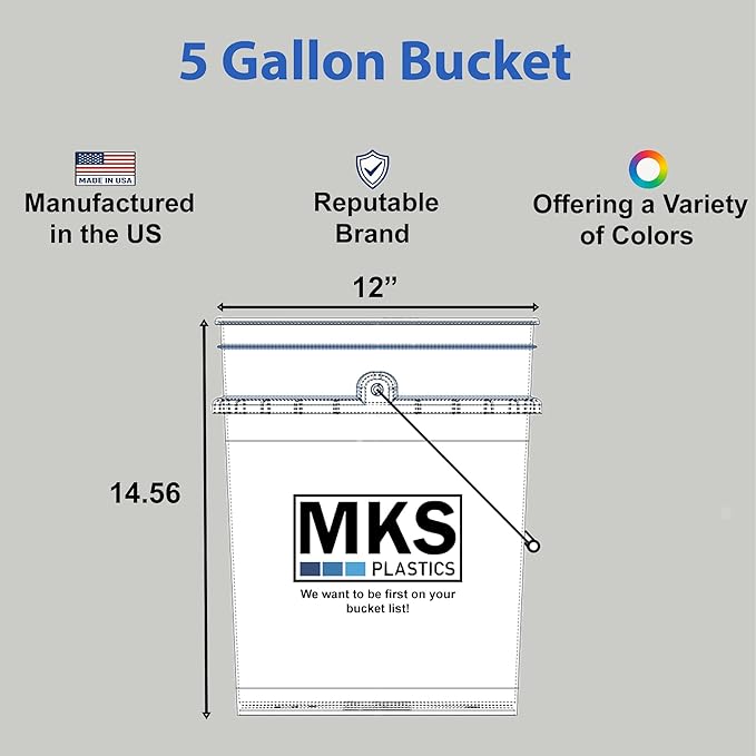 MKS Plastics 5-Gallon Bucket Only – No Lid Included, Made in USA, Food Grade BPA Free Plastic, Heavy Duty Multi-Use, Metal Handle with Grip, Stackable Storage – White, 6 Pack