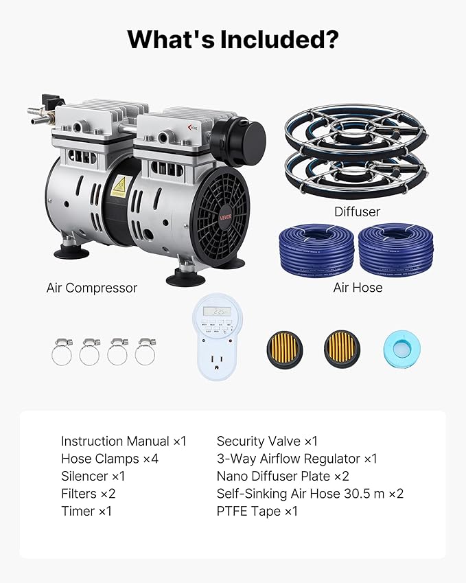 VEVOR Pond Aerators, 5.2CFM Aeration System for Lake up to 3 Acres, 3/4 HP Air Compressor, 2 Diffusesr & Two100' Weighted Tubings, Aeration Pump for Outdoor Ponds & Lakes Deep Water Oxygen Circulation