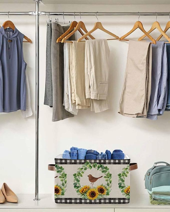 Spring Eucalyptus Sunflower Storage Bins Cubes Waterproof Cloth Storage Basket,Farmhouse Birds Rustic Burlap Foldable Storage Bags for Shelf Clothes Storages Organizers with Handles 15x11x9.5 in 2PCS