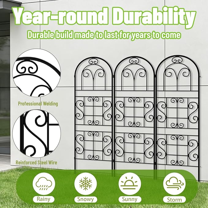 Garden Trellis for Climbing Plants, 3 Pack 38" Wx 64.6" H Rustproof Flower Trellis with Black Coating, Outdoor Climbing Rose Trellis Cucumbers Support for Courtyards Lawns (Curved Shape, 3 Pieces)
