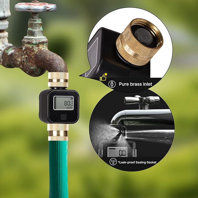 MOES Water Flow Meter with Brass Inlet Metal Thread, Measure Gallon/Liter Consumption and Flow Rate for RV Water Tank Filling, Outdoor Garden Hose Watering, Lawn Sprinkler and Nozzle Sprayer, 2 Pack