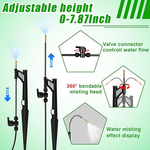15 Sets 360° Adjustable Irrigation Misting Heads with Stake Micro Spray Emitters with 1/4" Irrigation Tubing on Riser Stake,Automatic Atomizing Sprinkler Stake Assembly for Garden Watering System