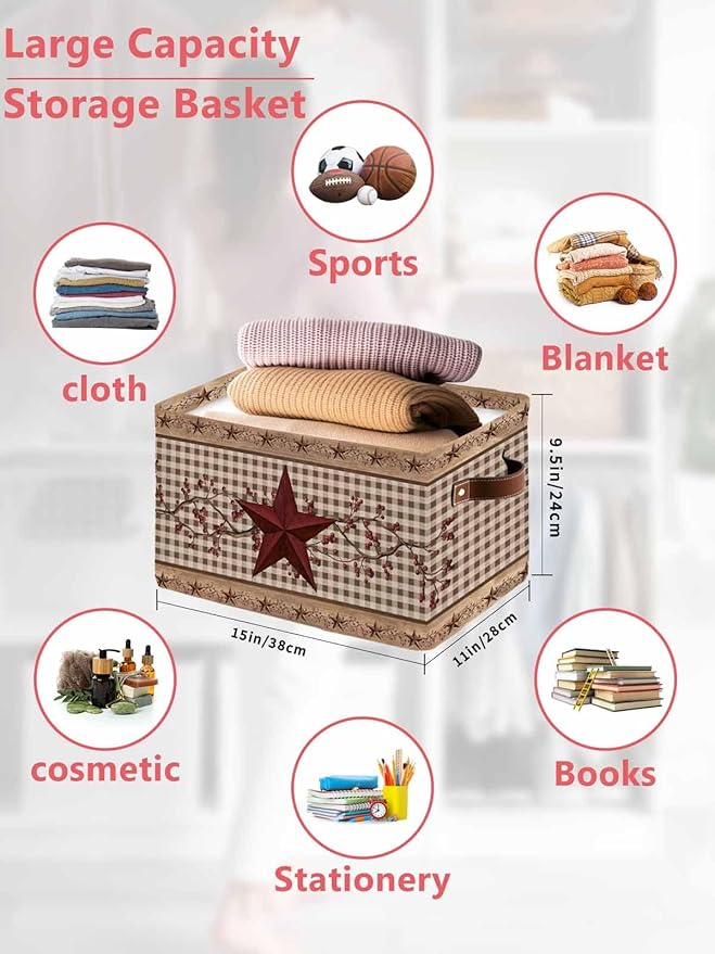 Texas Star Vintage Storage Bins Cubes Waterproof Cloth Storage Basket, Brown Checkered Berry Farmhouse Foldable Storage Bags for Shelf Closet Clothes Storages Organizers with Handles 15x11x9.5 in 2PCS