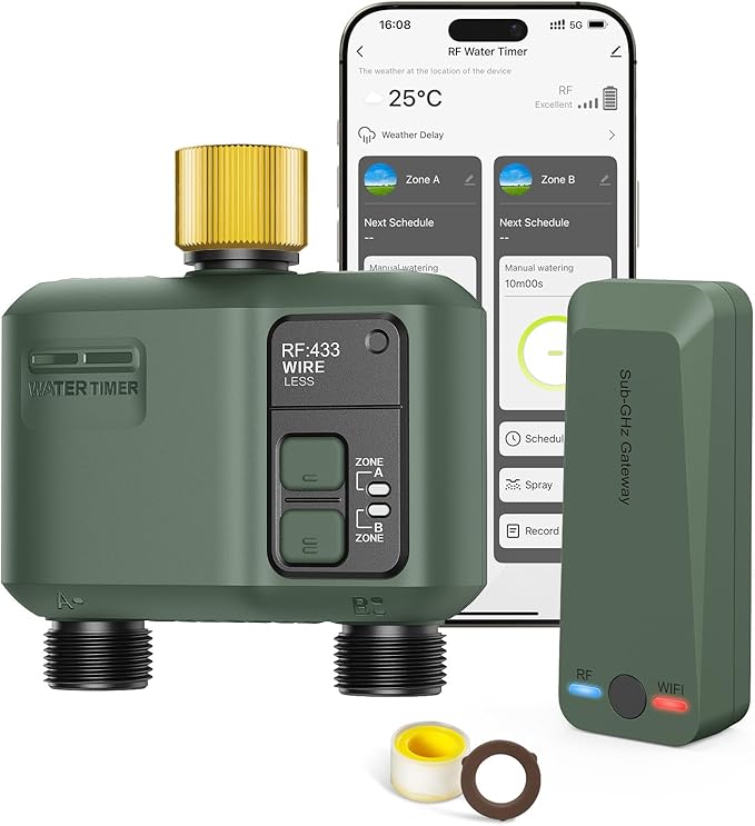 WiFi Water Timer 2 Zone for Garden Hose, Smart Sprinkler Timer with 984ft RF Range, Brass Water Inlet, APP/Voice Control, Rain Delay, Automatic/Manual Irrigation