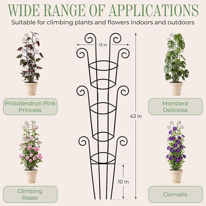4 Pack 43 Inch Metal Plant Trellis for Climbing Plants - Rustproof Garden Trellis for Large Potted Houseplants, Sturdy Plant Support Indoor Outdoor for Monstera & Vines, Home Decor