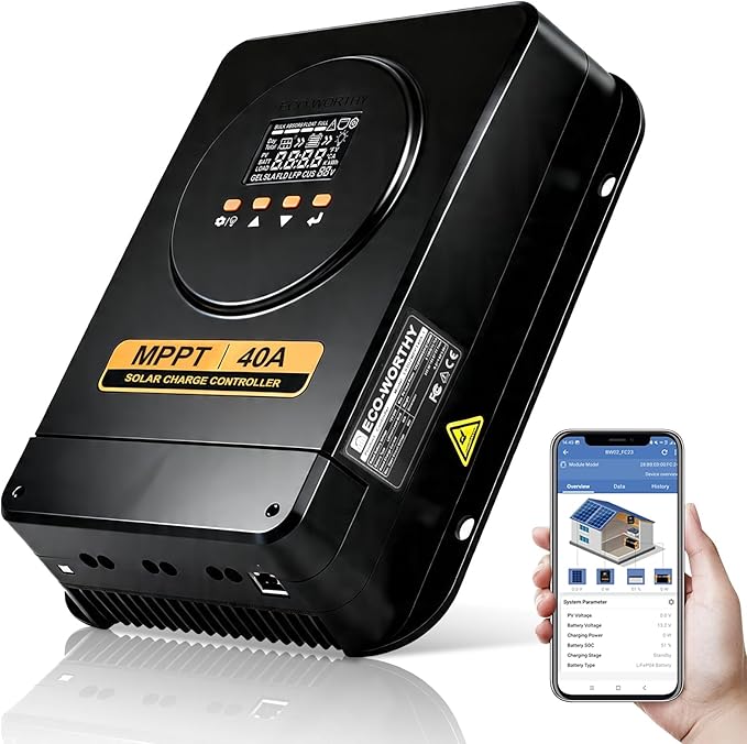 ECO-WORTHY MPPT Solar Charge Controller 40A with Bluetooth, 12V/24V Auto, LCD Display, Compatible with LiFePO4 Gel SLA Battery, Lithium Battery Activation for Solar Panels