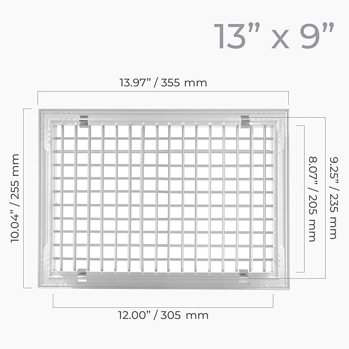 13" x 9" Aluminum Supply & Return Air Grille – Powder-Coated Wall Vent Register Cover with Adjustable Louvers – Flat Duct HVAC Ventilation System Exhaust & Intake Vent with Mounting Clips